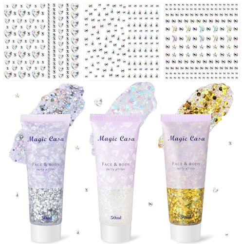 DazSpirit 3 Stück Body Glitter Gel mit 3x Glitzersteine Selbstklebend | Glitter Sequins Chunky Glitzer Liquid Gel mit DIY Strasssteine für Gesicht, Glitzer Festival Schminke für Festival Party