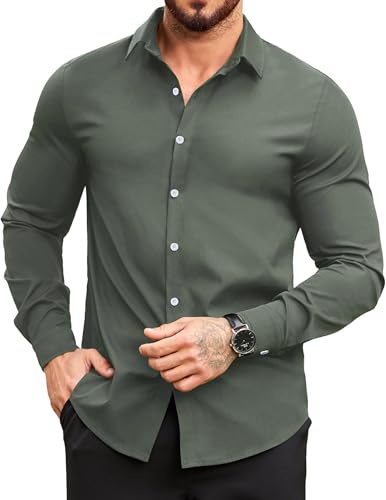 COOFANDY Herrskjorta långärmad button down strykfria fritidsskjorta business casual normal passform enfärgade skjortor, Grön, L