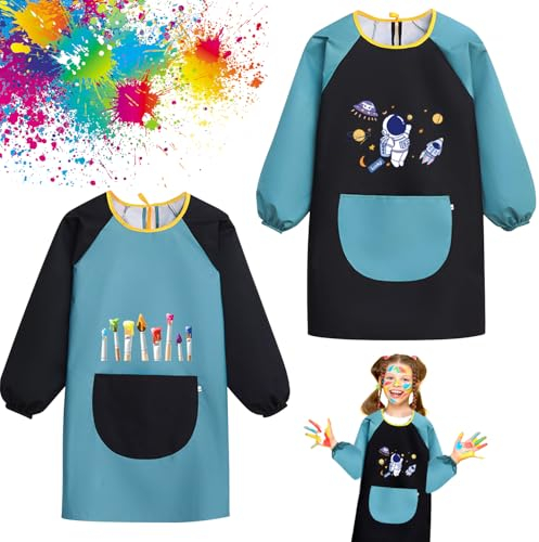RCYHCY 2 Stück Malschürze Kinder, Wasserdicht Malkittel 6-12 Jahre Mädchen/Junge, Malerkittel Bastelschürze Kinder mit Langen Ärmeln und Taschen für Basteln & Malen Backen Kochen