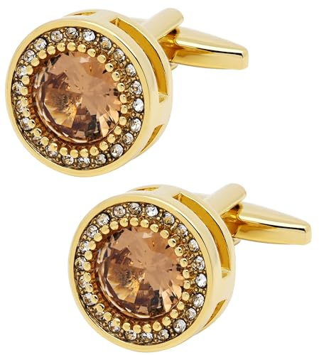 Jonwo Round Cufflinks for Men Lady with Brown Crystal Gemstone In Gift Case | 14K Gold Plated, Classic Men Cuff Links, Jewelry for Wedding Party Daily Office Formal or Casual Wear Events Tuxedo Dress