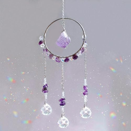 MAOSGO Sun Catcher Amethyst Crystal Suncatchers for Windows Hanging, Rainbow Maker Prism Crystals with Chain Pendant Ornament Crystal Balls for Home Garden Indoor Outdoor Wall Party Decor for Gift