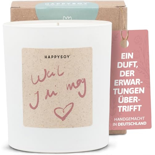 Geschenke für Freundin - Duftkerze mit Spruch - weil i di mog, bayerisch, illustrated by Steffi Bauer, liebevolle Geschenkidee - Handgemachte Kerze - Sojawachs - Weiß