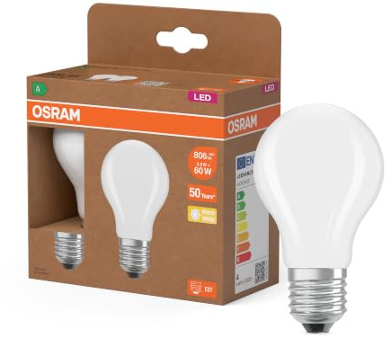 Osram LED Superstar Classic LED-Lampe A 60 in klassischer Kolbenform aus gefrostetem Glas, 3.8 W, 806 lm, E27 Fassung, warmweißes Licht mit 2700 K, EEK A, 60 mm Durchmesser. 2er-Pack
