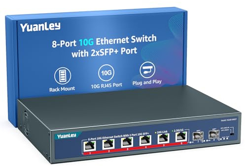 YuanLey 8-Port 10G Ethernet Switch, 6X 10Gbps RJ45 Ports, 2X 10Gbe SFP+ Ports, Unterstützt 10G/5G/2.5G/1G/100Mbps, 160Gbps Switching-Kapazität, Unmanaged, Rackmount-fähig