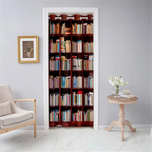 Odot Tende Oscuranti Interni con Occhielli 1 Pezzo, Tende per Porta Termica Isolante con retrò Motivo Scaffale per Libri, Tenda Divisore per Soggiorno Camera da Letto (130x200cm,Stile C)