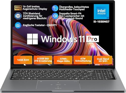 Blackview Laptop Acebook 12, Laptop 16 Zoll, 16GB DDR4, 512GB SSD 2TB，Win11 Pro Notebook, Intel Core i5-1030NG7, 57Wh Mega Akku/ 67W, HDMI 2.0, Tastatur QWERTY, USB 3.0×2, Dual-Band 5G WiFi Notebook