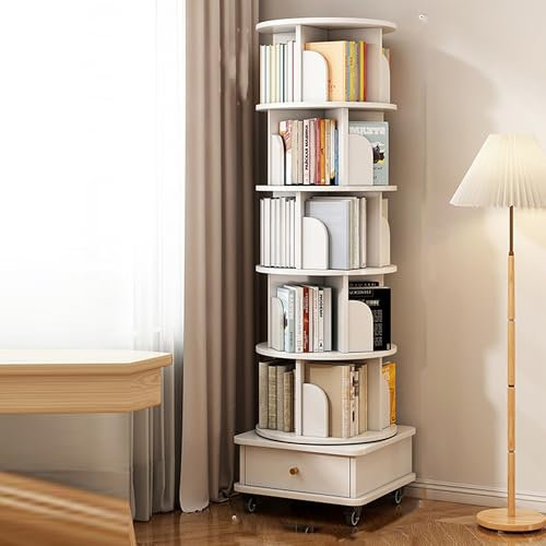 Um 360 Grad drehbares Bücherregal, Organizer mit mehrlagigen offenen Regalen, Eckvitrine, leiser Metall-Drehteller, Sicherheitsbarriere, weiß, 6-lagiges Aufbewahrungsregal