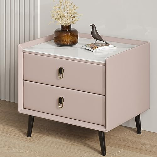 PUFAHAU Nachttisch aus Massivholz mit 2 Schubladen, Nachttische mit Marmorplatte, Beistelltisch mit offenem Regal für Schlafzimmer, Balkon, Terrasse, Wohnzimmer(Pink)