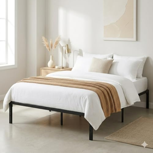 FurnitureR Bettrahmen 140 x 194 cm Metall Bettrahmen, Modernes Jugendbett mit Lattenrost, Doppelbett, Einzelbett, Schwarz, 36CM H, Kein Kopfboot