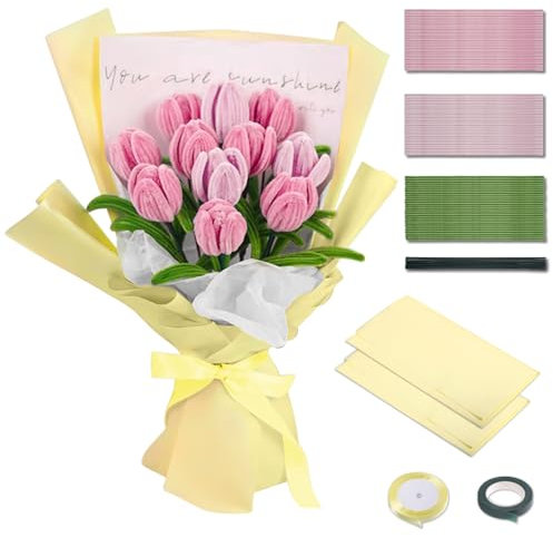 JIZZU Limpia Pipas Alambre de Chenilla, Juego de 320Pcs Limpiapipas Manualidades Ramo de Tulipanes, Limpiapipas Rosa y Verde con 20 Tallos de Flores para Manualidades Bricolaje y Decoración