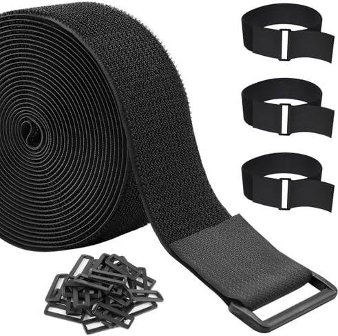 ZSURLUX 5cm x 5m Klettband mit 15 Schnallen, Breit Klett Kabelbinder Wiederverschließbar, Klettverschluss Band Verstellbar, Klettgurt mit öse zur Organize und Aufbewahrung Schwarz