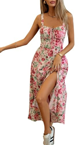 SweatyRocks Blumenkleid Damen Boho Sommerkleid Lang Kleid Mit Schlitz Maxikleider Elegant Trägerkleid Strandkleid Sommer Outfits Rüschenkleid Rosa M