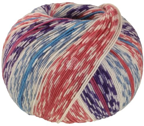 MEILENWEIT 100g Cashmere Mezzo 4204 - Hellrot/Azurblau/Ecru/Dunkelviolett/Pink/Grau