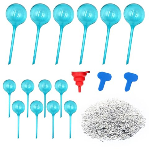 Plastic Self Watering Globes for Plants,14 PCS Plant Watering Globes,with Funnel+Label+Perlite,Plastic Automatic Devices Watering Globe for Garden,Indoor Outdoor Plants,Flowers,Vacation Plant Care
