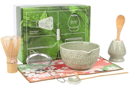 8Pcs Green Matcha Set–Ceramic Matcha Bowl, Matcha Whisk with Sakura Charm Complete Japanese Matcha Kit with Whisk, Scoop, Sifter & Cloth(Matcha Green)