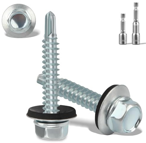 100 Stück Selbstschneidende Schrauben, 4,8x35mm Trapezblechschrauben Selbstschneidende Schrauben Edelstahl Spenglerschrauben mit Dichtscheibe und 2 M8 Bits