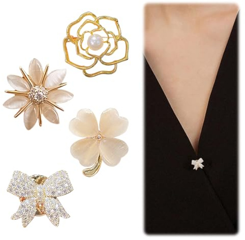 KEQAR 4 stück Broschen Set für Kleidung - Elegante Damen Broschen, Ausschnitt Verkleinern, Anti-Exposure Fixed Brooches Pins, Cardigan Clips, Schleppennadel für Brautkleid, Kleider Clip