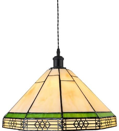 Loxton Lighting Mission Style Pendant Light, Beige and Green Stained Glass Shade, 30 cm Dome, Matt Black Vintage Set with 1m Cable
