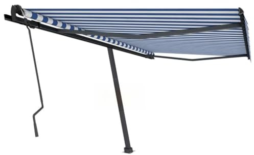 HaoChrymec Standmarkise Einziehbar Handbetrieben mit Pulverbeschichtetem Aluminiumrahmen, UV- und Wasserbeständig, Freistehende Markise für Balkon, Sonnensegel Balkon, Blau/Weiß, 450x350 cm
