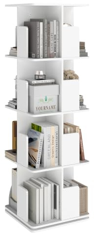 ZZINOKE Drehbares Bücherregal, 360° Drehregal, Standregal Büroregal, MDF, mit 4 Ebenen, 16 Fächer, für Schlafzimmer, Wohnzimmer, Büros, Kinderzimmer, 39x39x128cm, Weiß