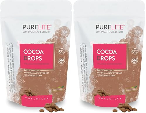 PURELITE Cocoa Drops Vollmilch ohne Zuckerzusatz – Große vegetarische Schokodrops mit Erythrit & Stevia zum Backen, Schmelzen & Snacken, ideal für Schokobrunnen, Fondue & Kuvertüre, 2 x 450 g