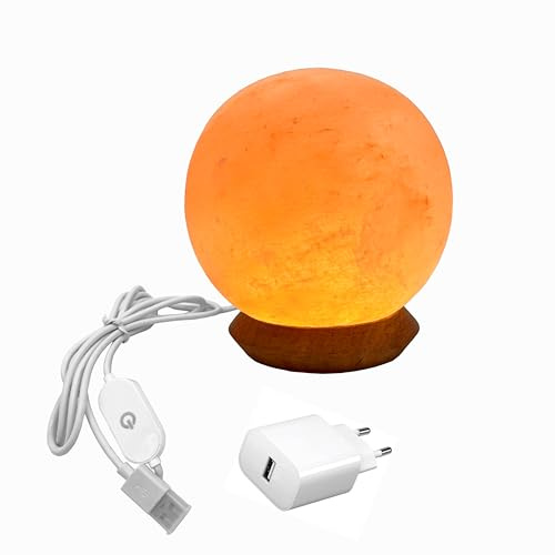 HAF Dimmbare USB Salzlampe BALL Rosa aus Kristallsalz – Handgefertigte Salzkristall LED Deko Lampe mit Holzsockel – Für warmes Licht, entspannte Atmosphäre – Als Tischlampe für Büro & Schlafzimmer