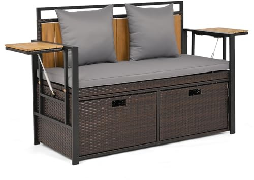 FANTASK Gartensofa mit Stauraum, 120 x 51 x 82 cm, 2-Sitzer Gartenbank mit klappbaren Seitenablagen & Kissen, Truhenbank wetterfeste, Balkonbank für Garten, Balkon, Terrasse (Grau)