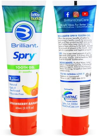 Brilliant Kids Toothpaste Gel by Spry – with Xylitol for Advanced Teeth and Gums Protection – Fluoride Free and Safe If Swallowed, Natural Strawberry Banana Flavor, 1 Count