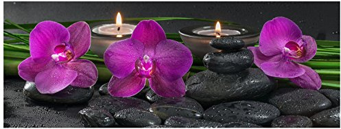 levandeo Glasbild 80x30cm Wandbild aus Glas rosa Orchideen Blume Steine Bambus Feng Shui