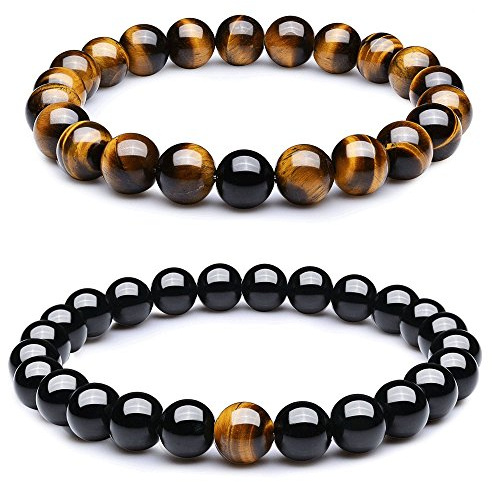 Wanmei 8mm Black Matte Agate & Tiger Eye Healing Energy Stone Beads Distance Bracelets For Couples(2 pcs)