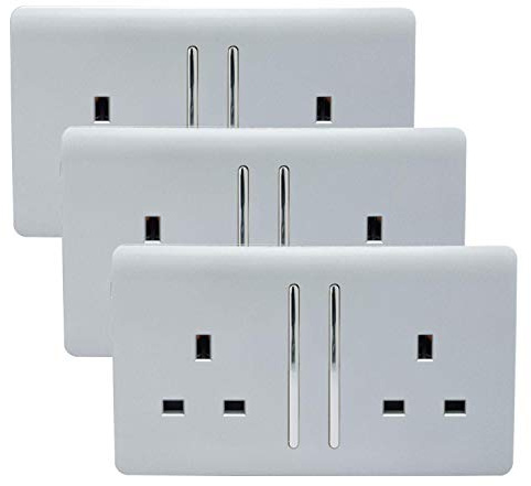 Trendi 2 Gang Artistic Modern Glossy 13 Amp Switched Tactile Plug Socket Silver (3 Pack)