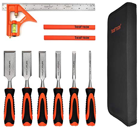TICOFTECH Wood Chisel Set, 9 Pieces Chisel Set Woodworking Tools, with 6 Wood Chisels in Heated Tread Cr-V Alloy, 1 Combination Square, 2 Carpenter Pencils, Woodworking Tools and Accessories