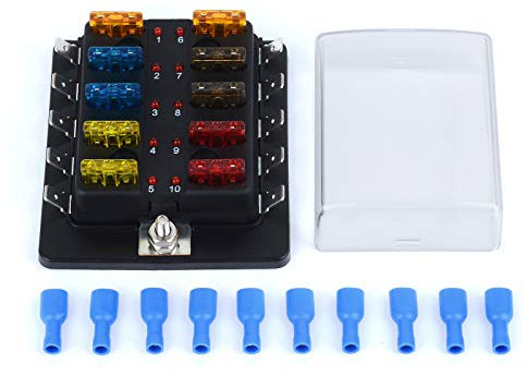 Jtron Auto sicherungskasten kfz 12V 10 Wege Blade Sicherungshalter 12PCS ATC/ATO-Sicherung 5A 7.5A 10A 15A 20A + 10 teilige LED Anzeige Sicherungsbuchse für Auto Boot Marine LKW (10 way)