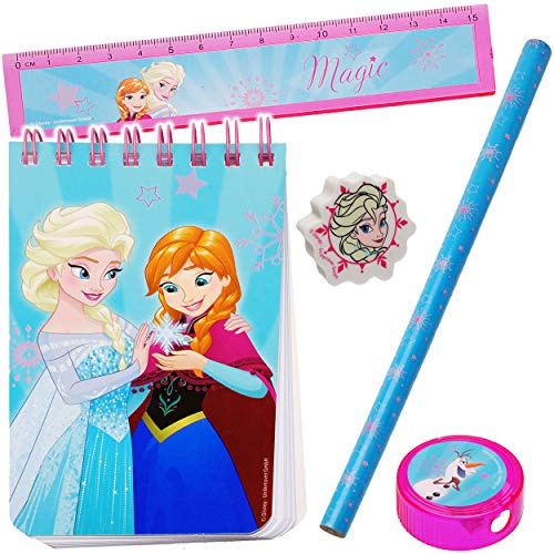 alles-meine.de GmbH 5 TLG. Schreibset die Eiskönigin - Frozen Bleistift + Lineal + Radiergummi + Spitzer + Notizblock/Kinder - Set für die Schule - Vorschule/Kinderlineal..