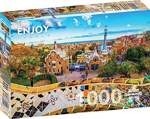 1000 Pieces Jigsaw Puzzle for Adults – Matte Finish, Soft Touch, Sturdy and Unique Pieces, Tight Fit, Vivid Colors, Missing Pieces Service – Barcelona Park Guell Landscape in Spain – by ENJOY Puzzle