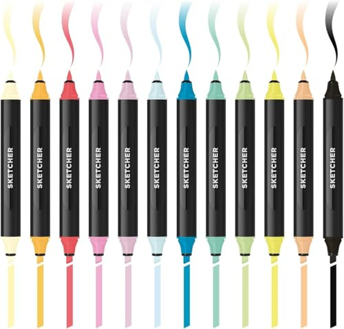 Molotow Sketcher Twinmarker Main Kit 2 (Brush Tip & 3mm Keilspitze, farbintensive Aqua Pro Tinte, schnelltrocknend, für die Anwendung auf Papier) 12 Stifte mehrfarbig
