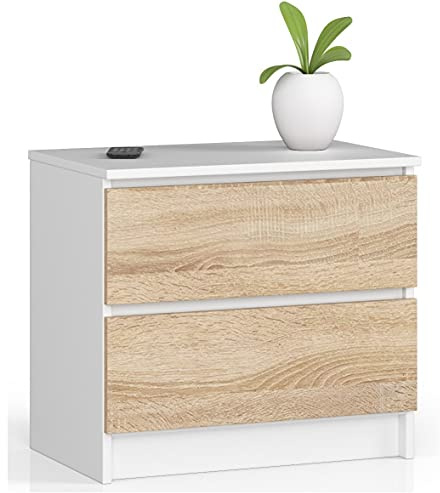 Mesita de noche AKORD K60 Blanco 60 cm 2 cajones frente en color Roble Sonoma 60x40x55 cm