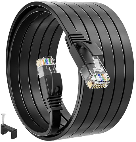 MEIPEK Cable Ethernet 10m Cat 6, Câble Réseau RJ45 Plat Intérieur Gigabit Haut Débit Fibre 1000Mbit/s LAN Internet 10 Mètres Noir pour Switch Ps4 Routeur Modem Smart TV