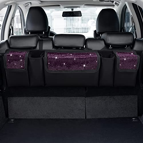 eing Car Trunk Organizer and Storage, Backseat Hanging Organizer for SUV, Truck, MPV, Waterproof, Collapsible Cargo Storage Bag with 5 Pockets, Bling Car Interior Accessories for Women,Purple