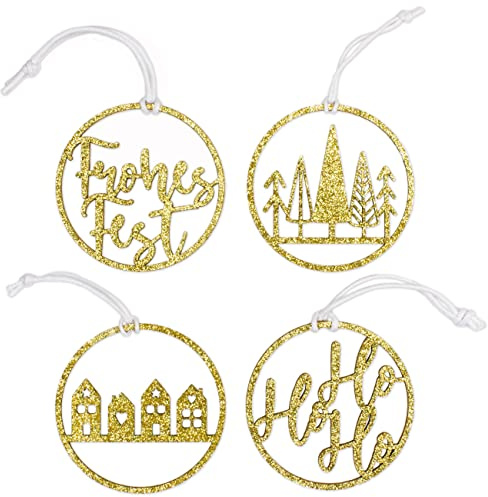 Papierdrachen Weihnachtsbaumschmuck aus Holz 2026-12 runde Anhänger, Gold-Glitzer - 4 Designs - stilvolle Weihnachtsdekoration für Baum & Geschenke