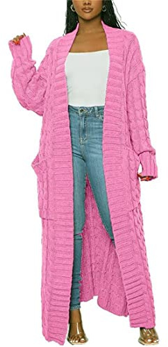 Long Sweaters for Women Cardigan Open Front Long Sleeve Plus Size Chunky Cable Knit Duster Cardigans with Pockets Winter Coat Pink