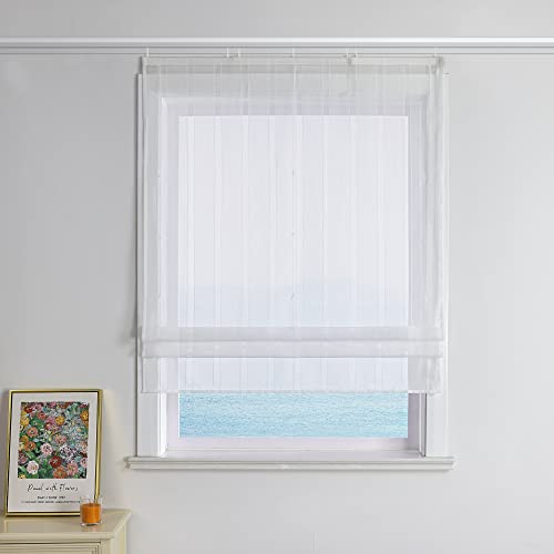ESLIR Raffrollo mit Klettband Wohnzimmer Raffgardine Voile Küche Gardinen Landhaus Bändchenrollo Weiß Vorhänge Transparent Raffstore mit Vertikale Streifen BxH 80x140cm 1 Stück