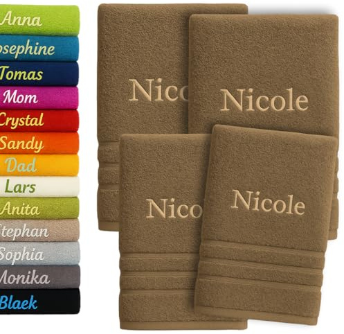 4er Pack Personalisiertes Handtuch und Badetuch mit Namen Schön gestickter Name Handbadetuch 100 % Baumwollhandtuch 2x (50 x 100 cm) + 2x (140 x 70 cm) Personalized Custom Towel with Name (Hellbraun)