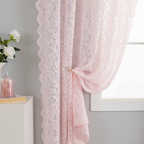 ALIGOGO Vorhänge, transparent, 160 cm Länge, für Kinderzimmer, 2 Stück, französische Blumenspitze, kokett, Vorhänge für Wohnzimmer, Tunnelzug, Heimdekoration, ästhetisch, 132 x 160 cm, Rosa