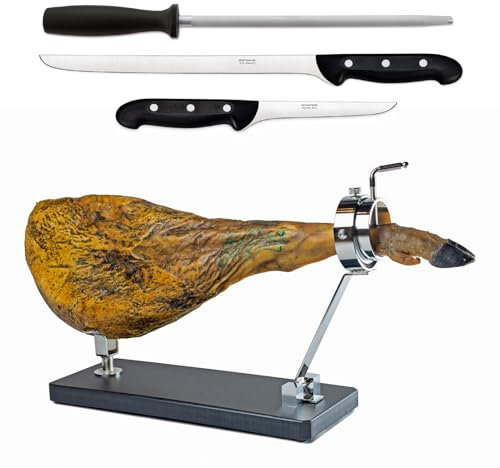 PracticDomus Professionell hopfällbar skinka och roterande stålhuvud med knivar och Chaira (svart fiber)