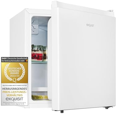 Exquisit KB45-0-011E Mini-Kühlschrank Weiß - 45 Liter - Kompakt-Box | Stufenlose Temperaturregelung - Flexibler Türanschlag - Glasablage - Inklusive Eiswürfelbereiterfach - 45 L Nutzinhalt