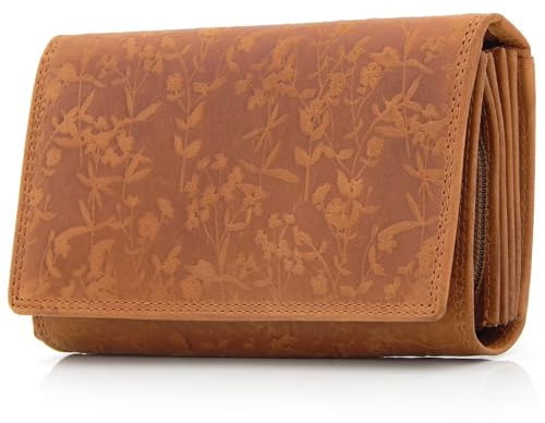 ekavale Portemonnee für Damen mit Blüten Muster RFID-Schutz, Leder Geldbörse Langformat mit Druckknopf (Braun)