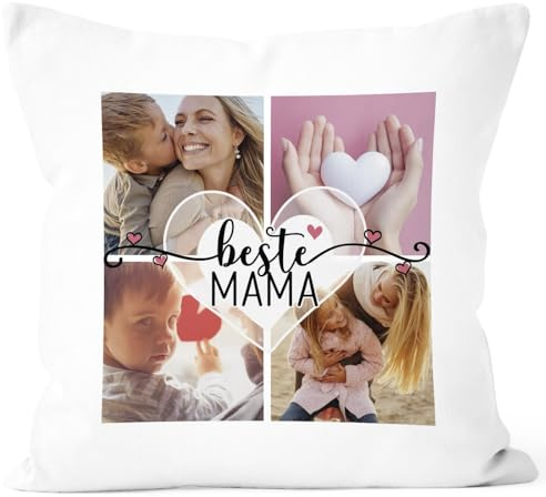 SpecialMe® Kissen-Bezug Fotokissen Collage bis 4 Bilder und Wunschtext Fotogeschenk Beste Mama Dekokissen Baumwolle Weiss Standard