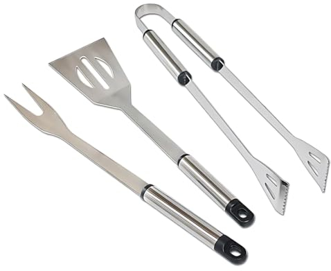 ADEPTNA Premium Stainless Steel 3pcs BBQ Tools Set - Complete with Fork Tongs and Turner - Long Handles for Safe Grilling - Ideal for BBQ Enthusiasts or in the Kitchen