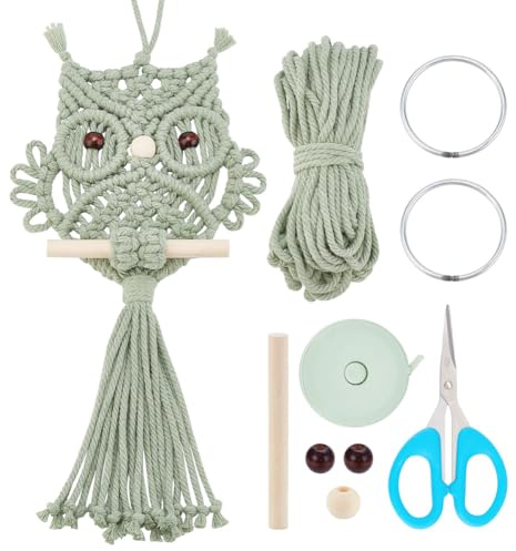 ORIGACH DIY Makramee Wandbehang Set für Anfänger, Erbsengrün Makramee Eulen Kit Mit Anleitung Makramee Knüpf-Set Zum Basteln und Knüpfen Set Boho Wandbehang Dekoration für Wohnzimmer Schlafzimmer